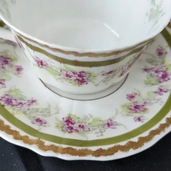 RARE Antique Limoges Porcelain Tea Cup And Saucer Pink/Green 1896-1900